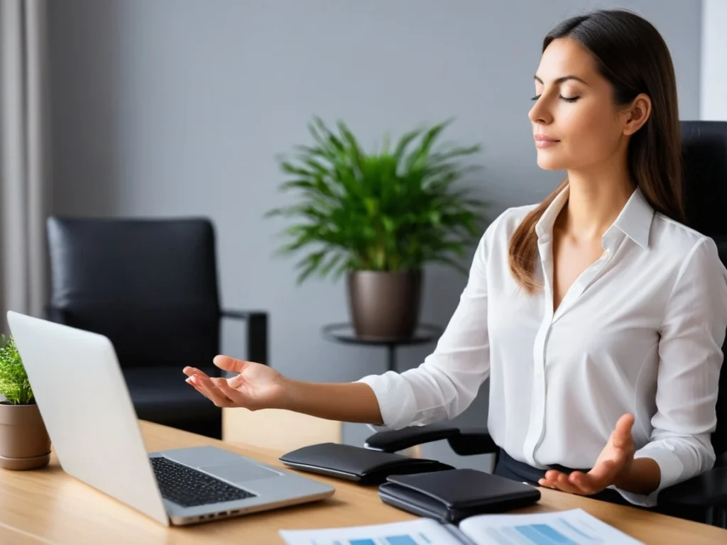 Woman at the office in deep meditation