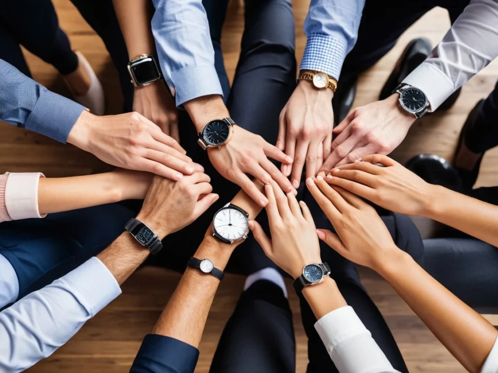 Illustration of a group of colleagues joining hands as a symbol of success