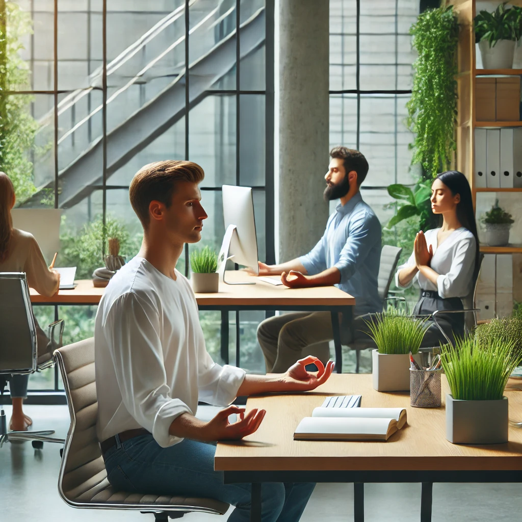 Group of workers in the office meditating