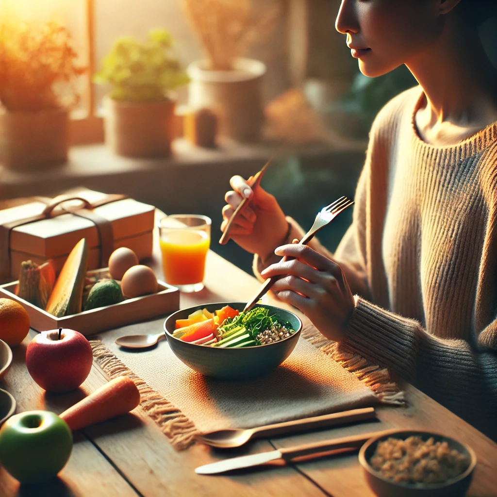 A peaceful moment of calm and focus during a healthy meal, creating a soothing atmosphere