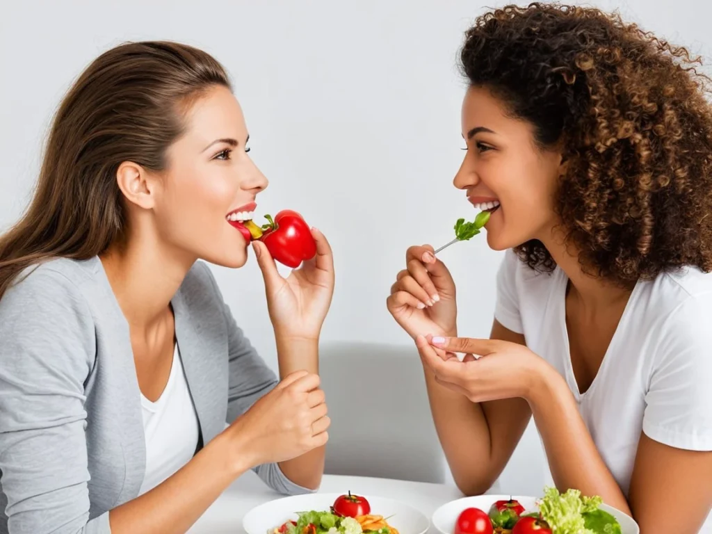 Two women smiling at a natural dish on the dining table