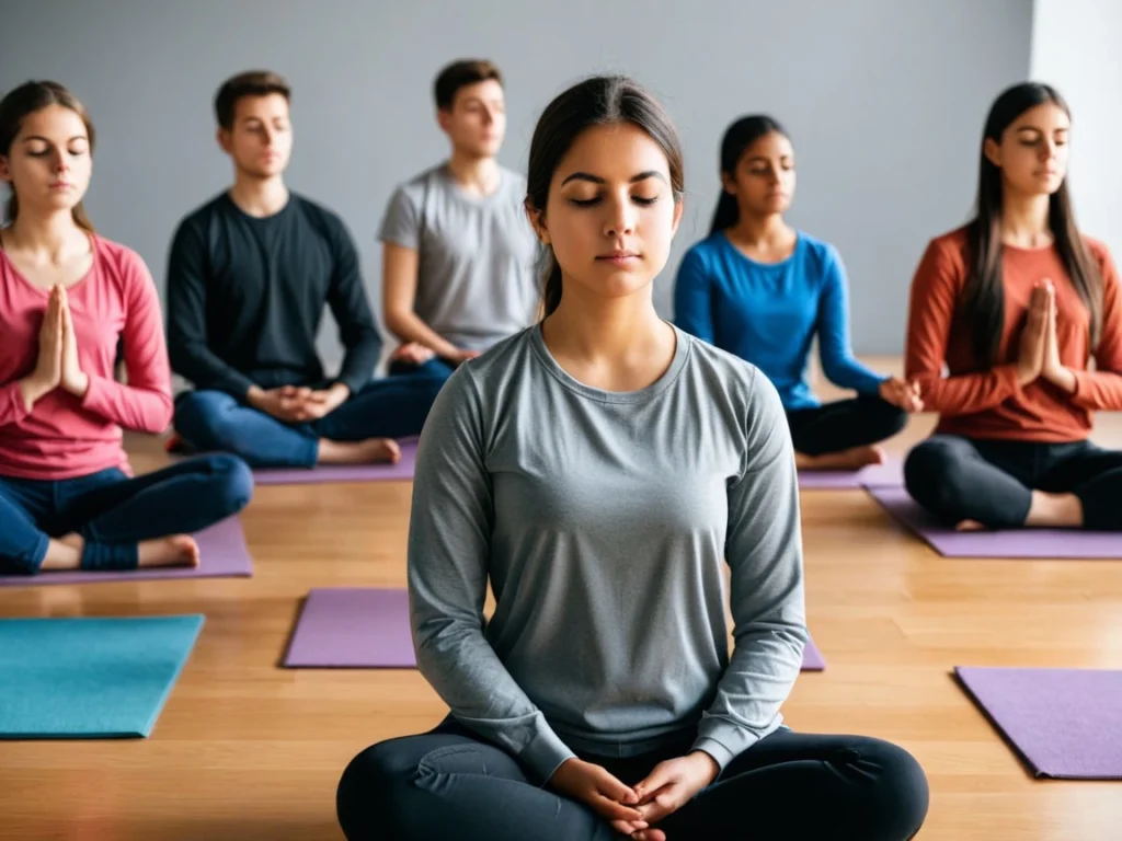 A group of students practicing meditation in class