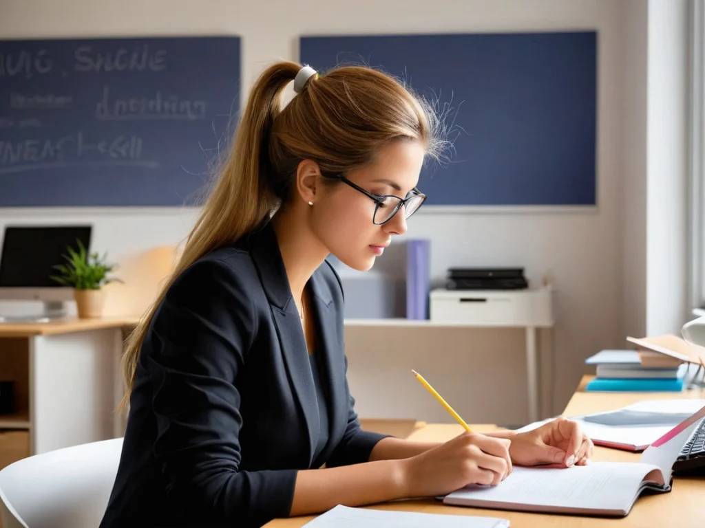 A focused student preparing her lessons at her desk