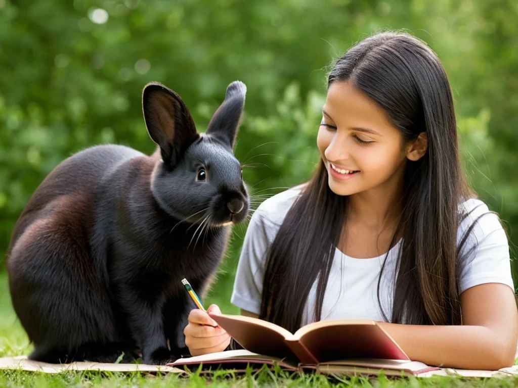 A smiling student in a beautiful garden with a lovely rabbit