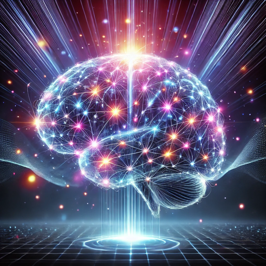Glowing human brain with neural connections, symbolizing mental transformation and success."