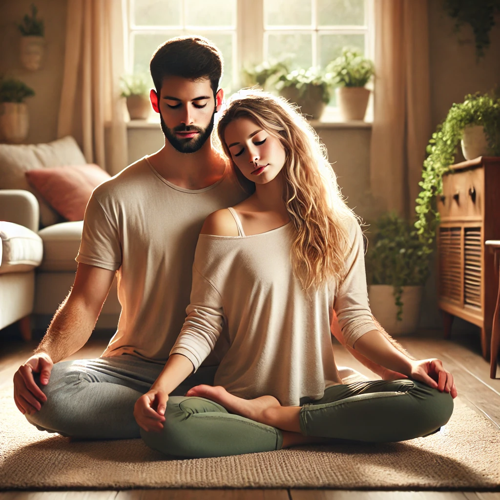 A couple practicing mindfulness together, surrounded by peaceful nature