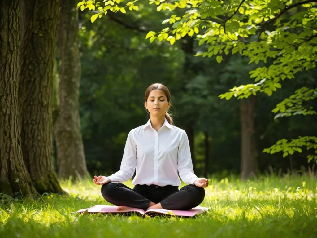 A young student meditating with eyes closed, sitting cross-legged in the middle of a lush forest.