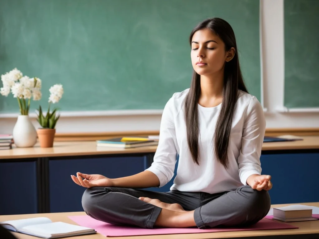 A young student meditating with eyes closed, sitting cross-legged in a peaceful environment.