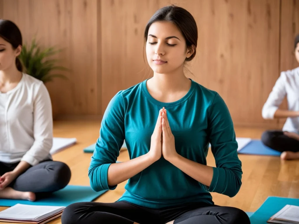 A young student meditating with eyes closed, sitting cross-legged in a peaceful environment