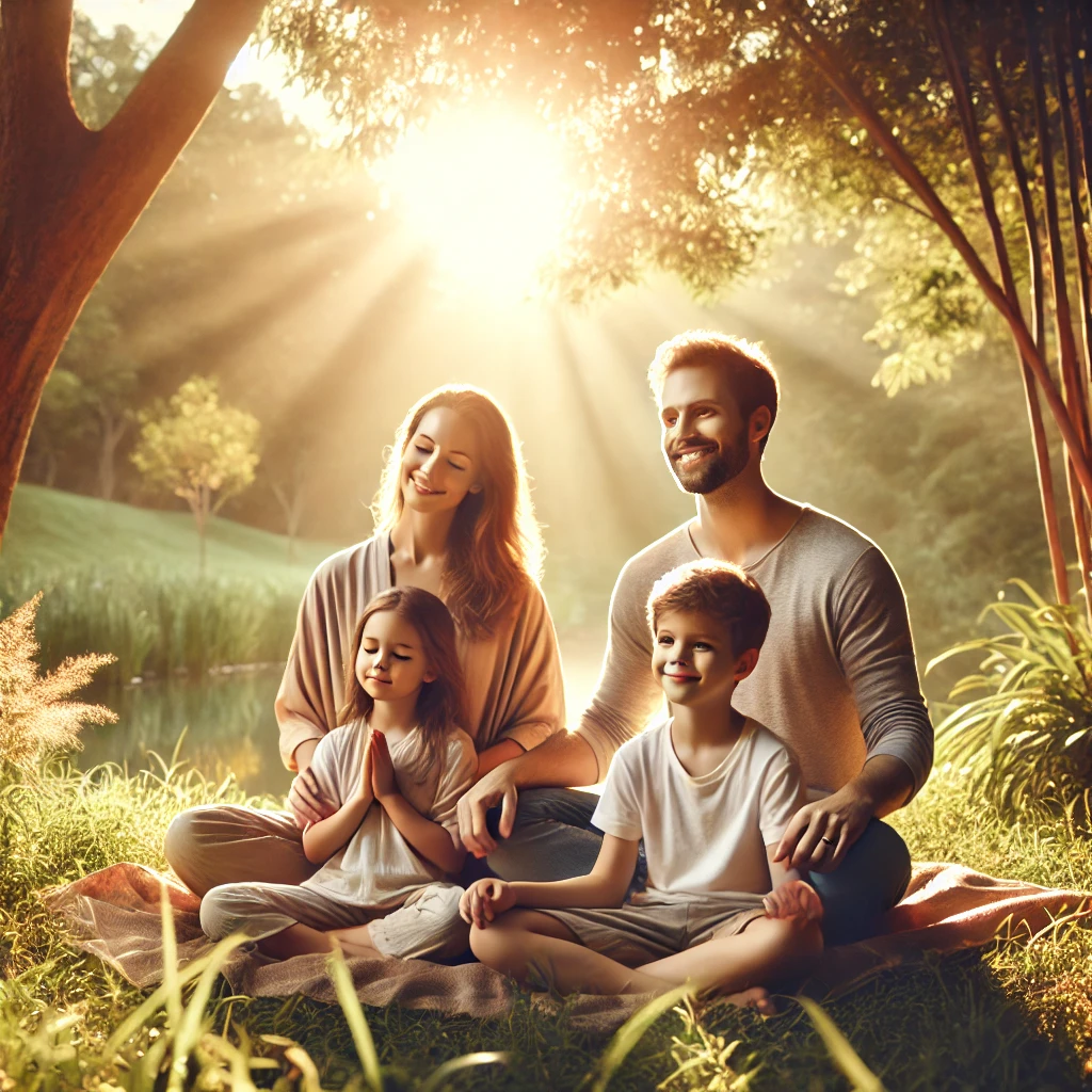 A peaceful family sitting together in nature, enjoying a mindful moment in warm sunlight, embodying love, connection, and presence.