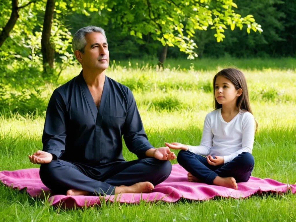 A father and daughter meditating together in nature, in harmony with their surroundings.