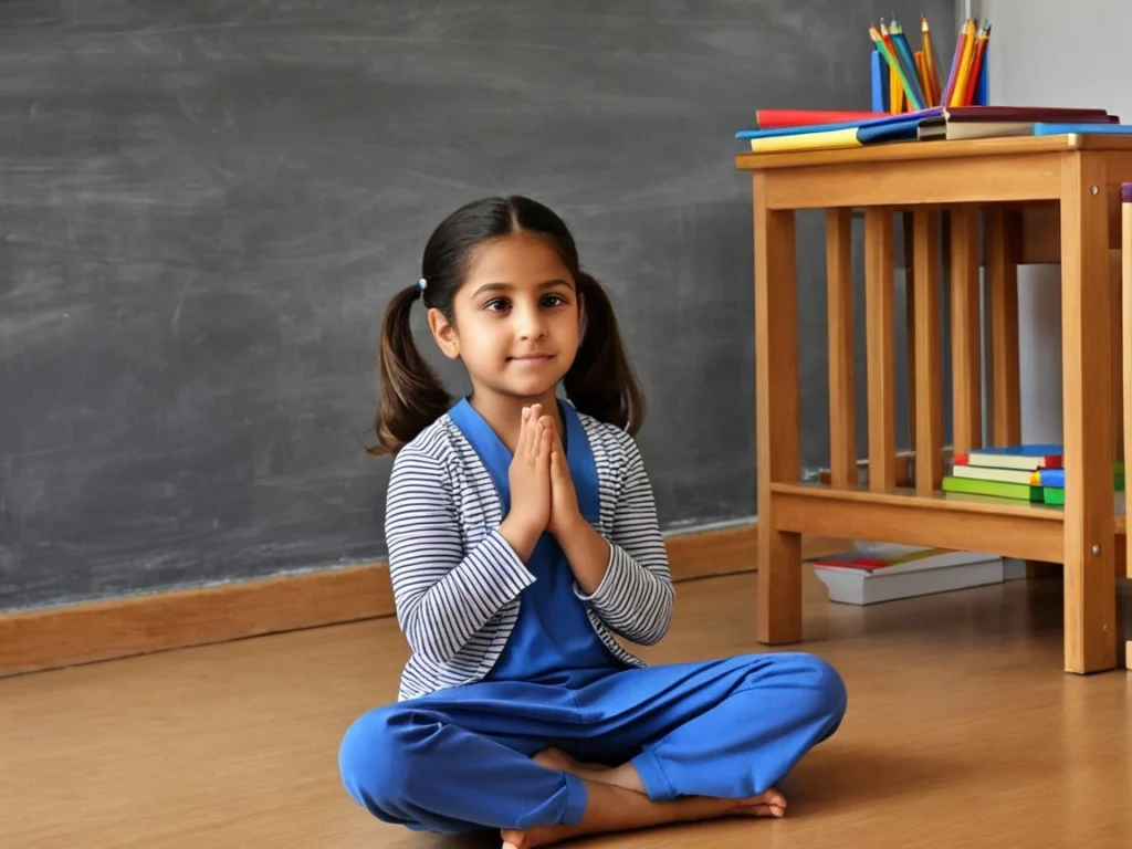 A young girl meditating in her classroom, sitting on the floor