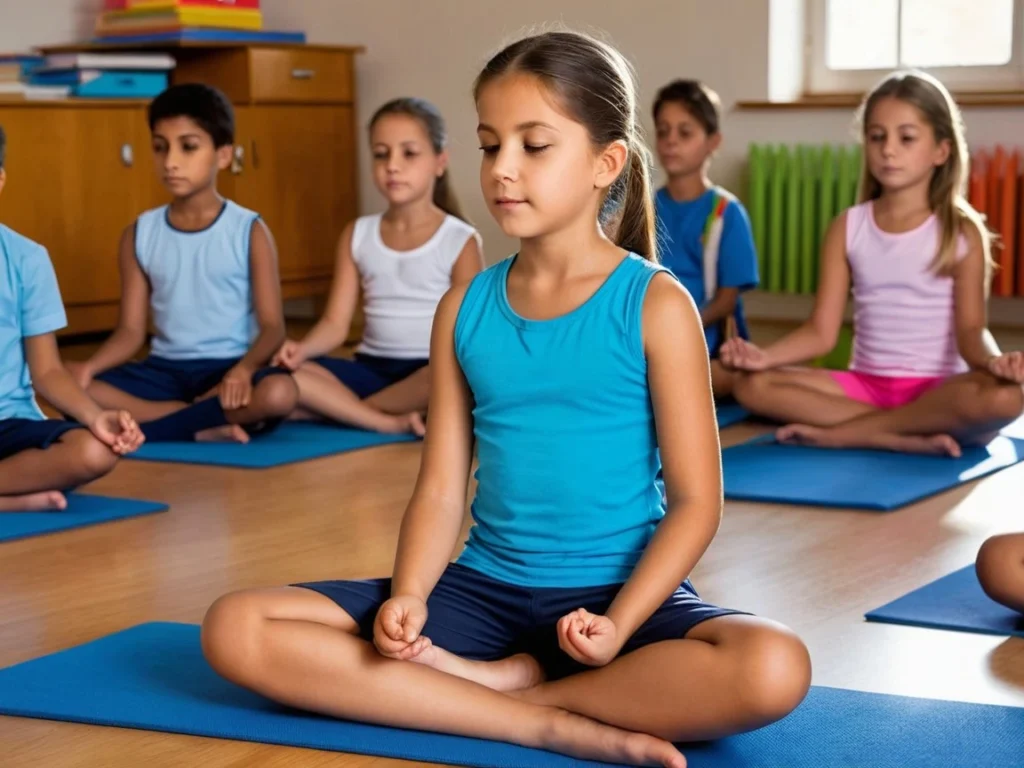 A group of children meditating in a classroom, sitting on the floor with their eyes closed.