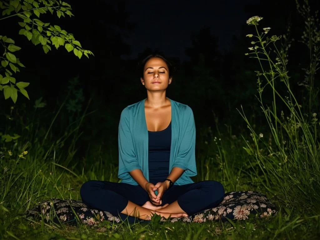 Girl sitting on the ground in the grass at night, meditating peacefully