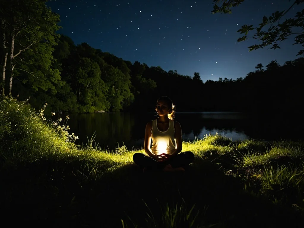 Girl meditating in nature under the night sky, surrounded by tranquility