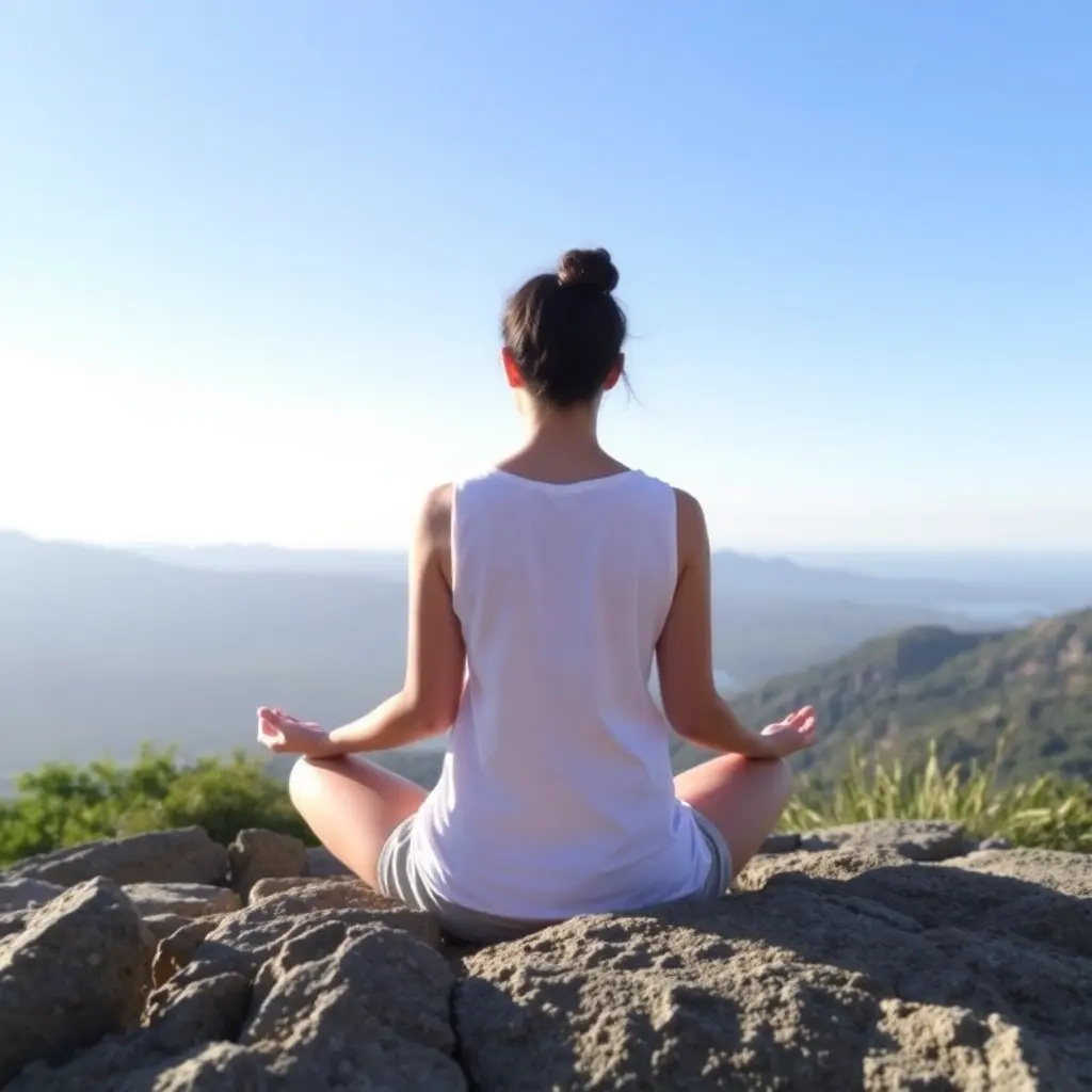 A girl meditating at the top of a mountain during the day, surrounded by nature.