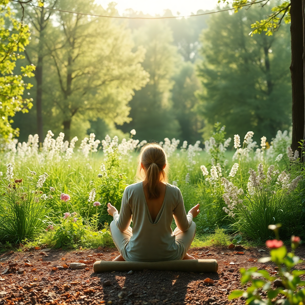 A woman meditating peacefully in nature, surrounded by serene landscapes.