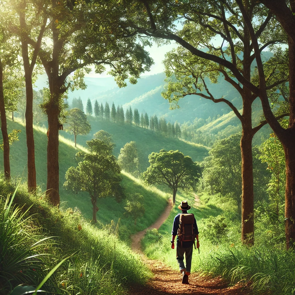 A person mindfully walking on a peaceful hiking trail surrounded by lush greenery, with sunlight filtering through the trees