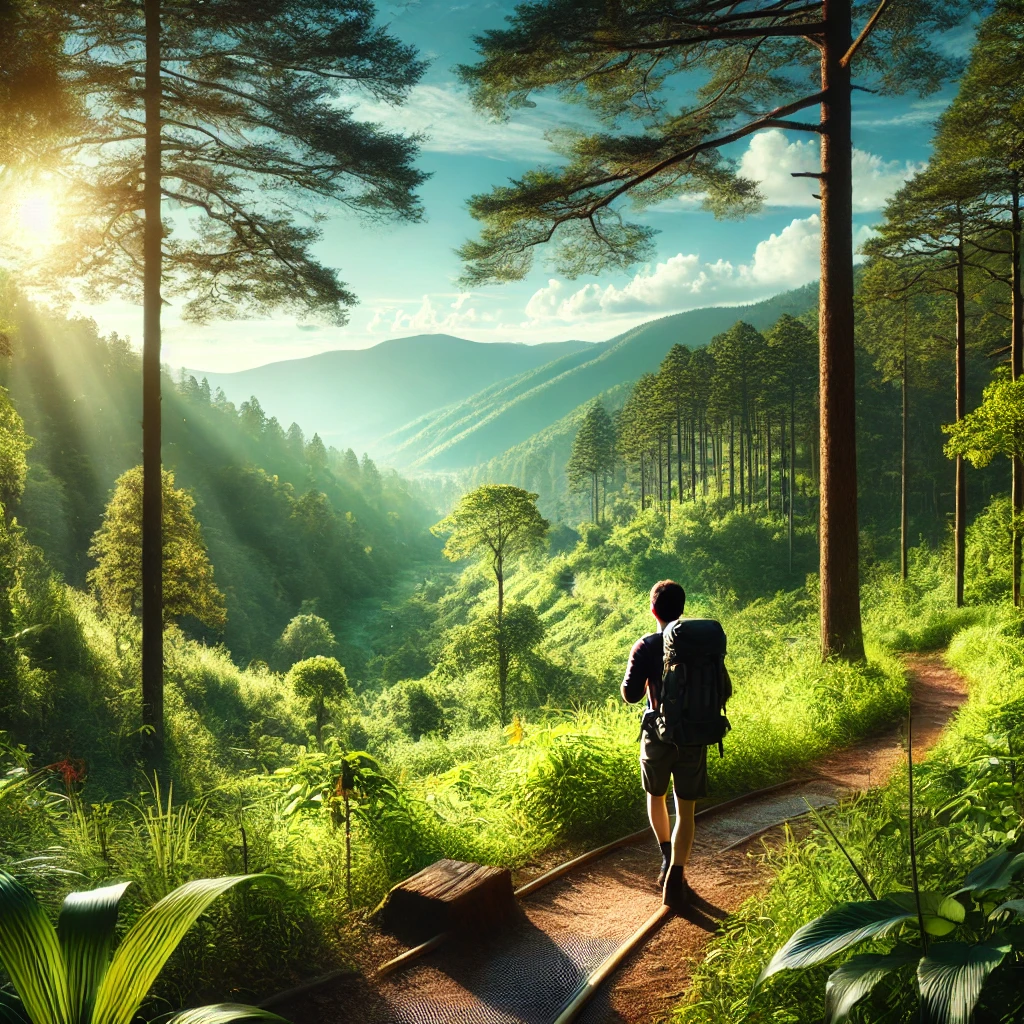 A hiker enjoying a peaceful nature hike on a winding trail surrounded by lush forests and mountains
