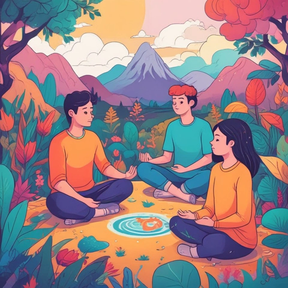 A group of three young people meditating in the midst of nature, surrounded by trees and greenery.