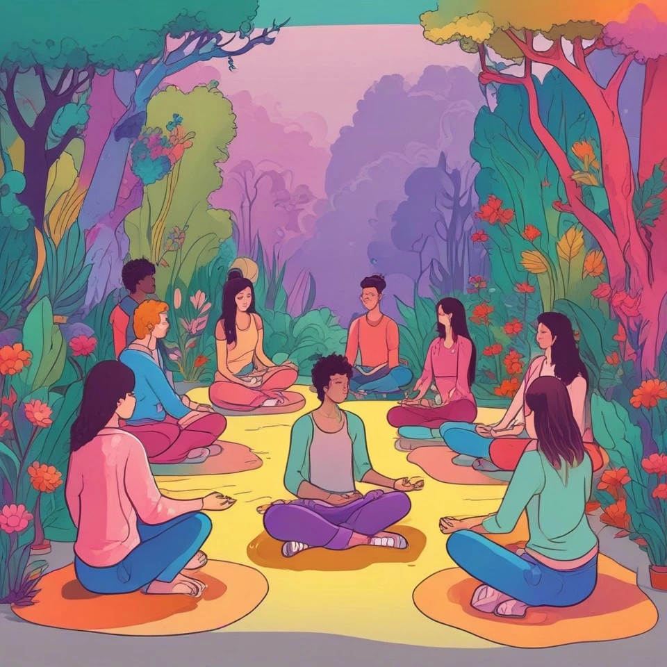 A group of young people meditating in the forest, surrounded by trees and nature