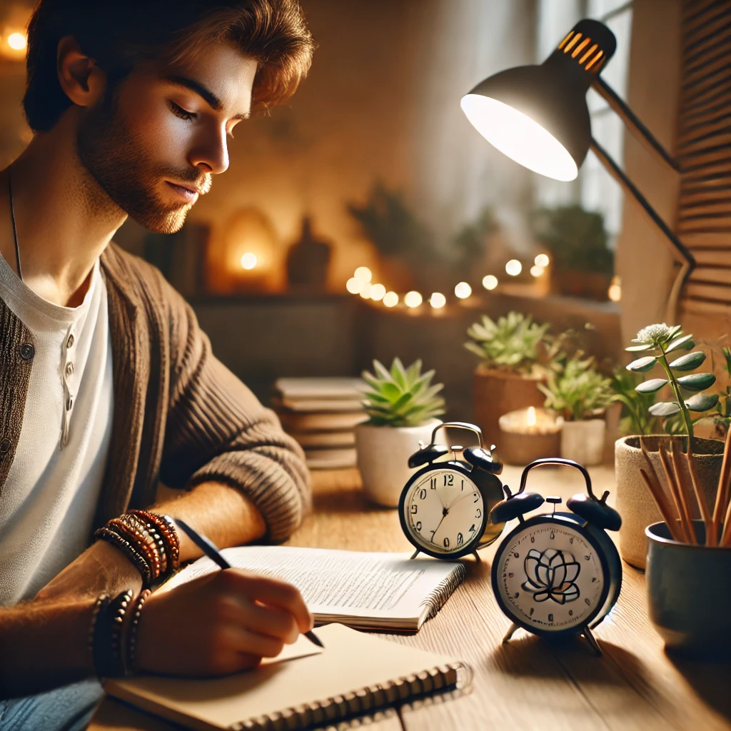 A focused student practicing mindfulness while studying in a peaceful and cozy environment