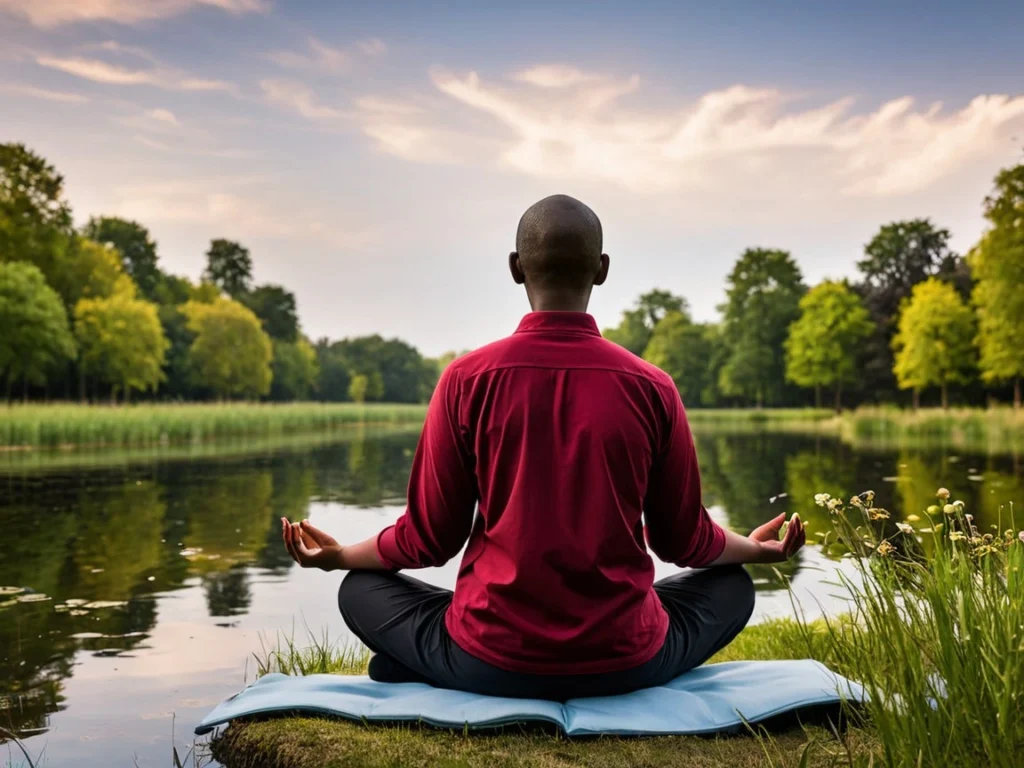 A man meditating in front of a lake, surrounded by a lush forest