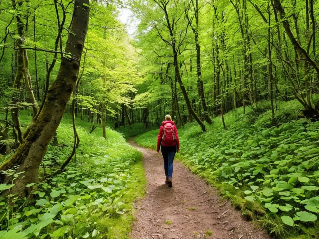 A woman hiking through a lush forest trail