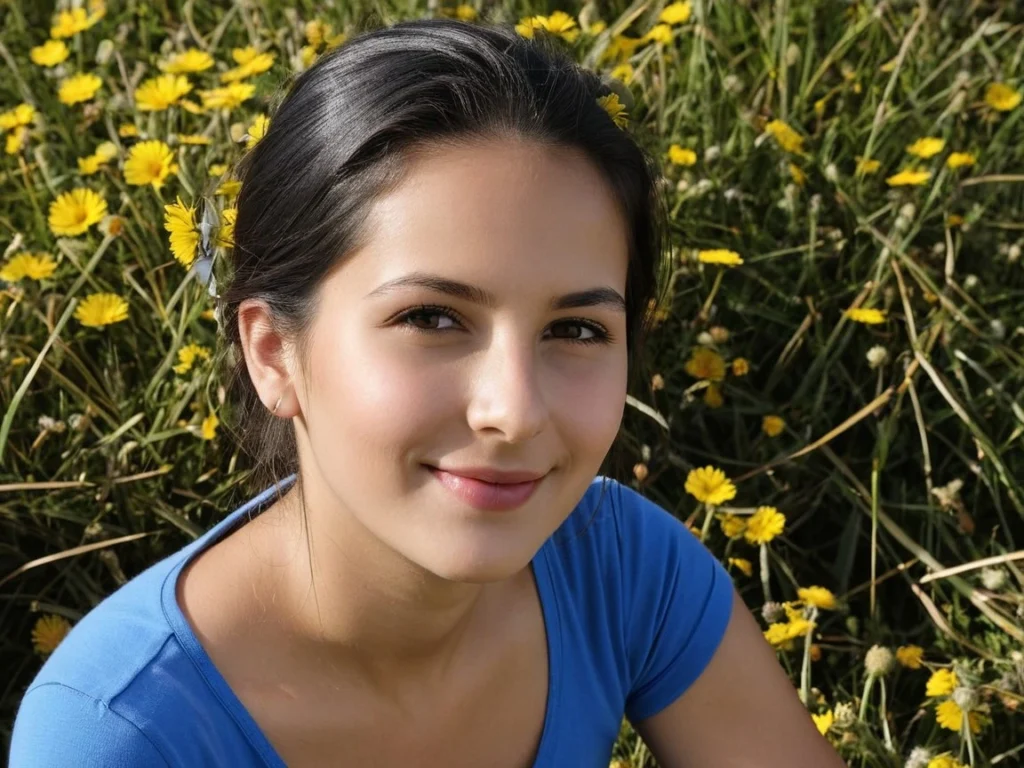 A smiling girl with glowing light bulbs and sparkles around her head, radiating intelligence and creativity, set against a vibrant, abstract backdrop