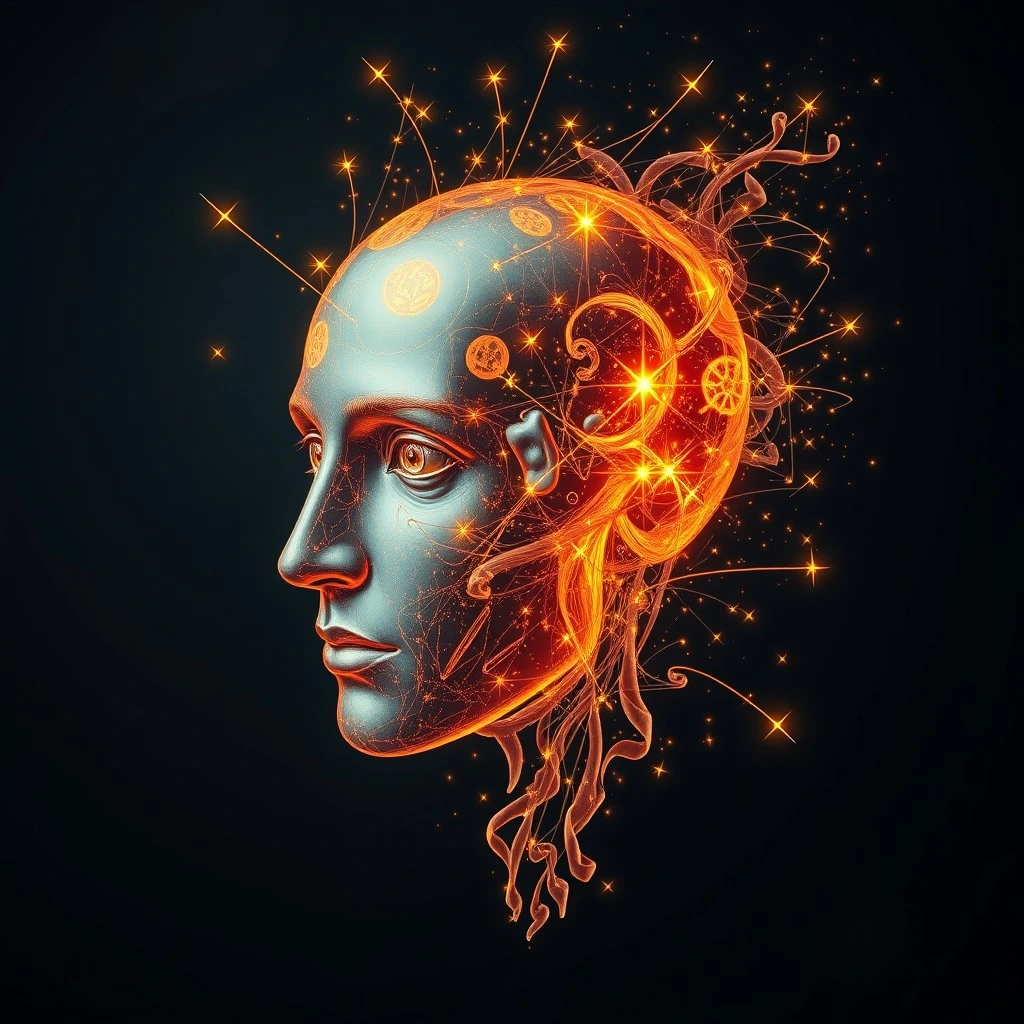 A close-up illustration of a person's head symbolizing brilliant genius, with glowing light or abstract patterns emerging from the mind