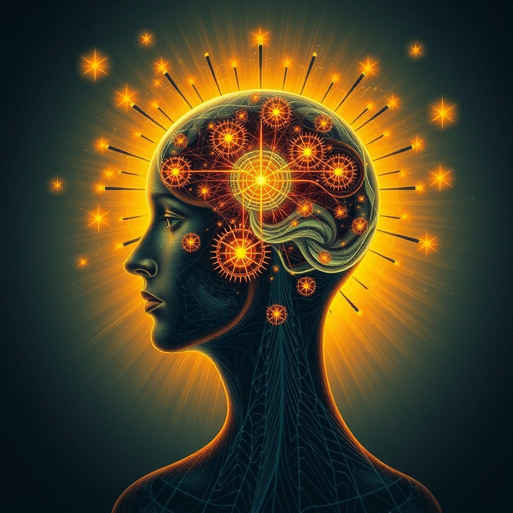 A close-up illustration of a person's head symbolizing brilliant genius, with glowing light or abstract patterns emerging from the mind.