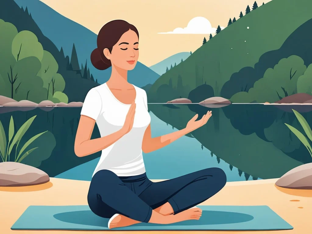 A girl meditating peacefully in front of a lake, with mountains in the background