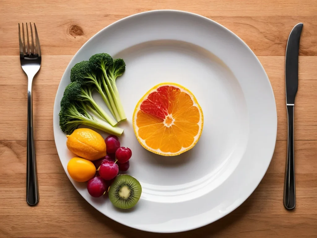 A nearly empty natural dish with just a piece of orange and a bit of salad, symbolizing fasting.