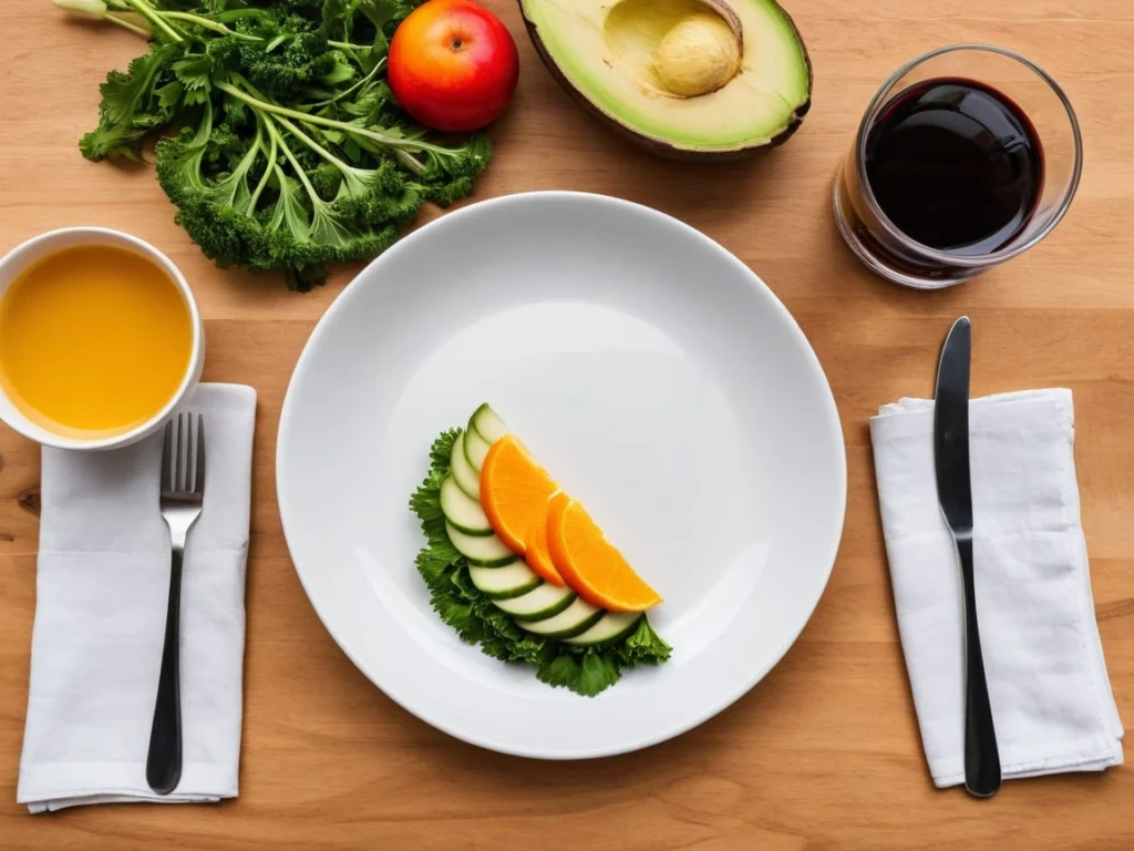 A natural dish with a piece of avocado, soup, and salad