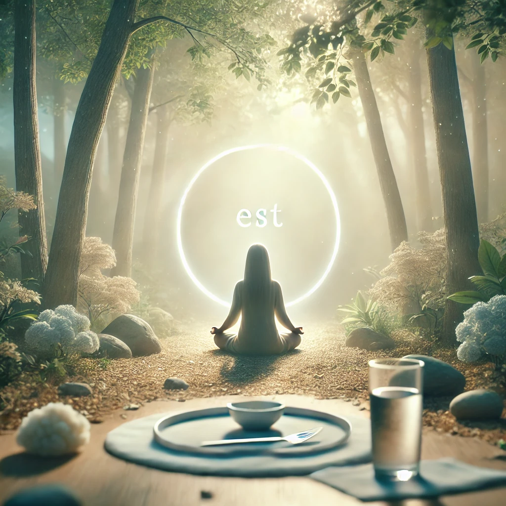 A serene figure meditates peacefully by a sunlit window, hands gently resting on their lap, surrounded by a simple tea cup and fresh herbs, embodying mindful fasting