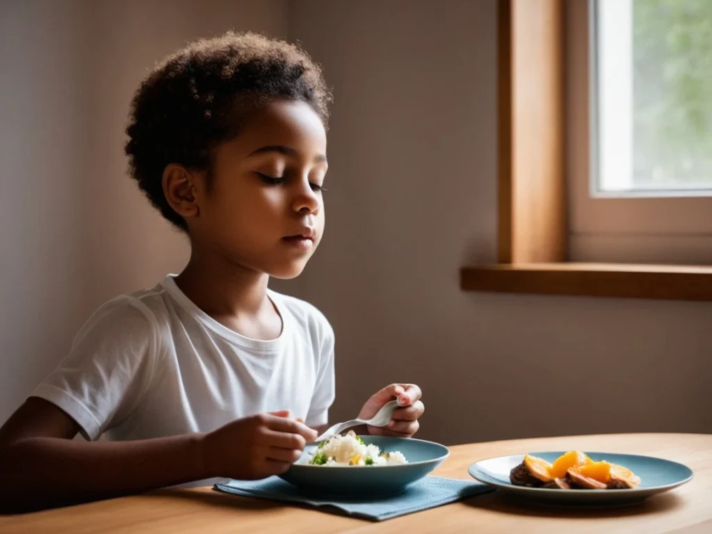 A child sits cross-legged on the floor, eyes closed in calm meditation, hands resting gently on their knees. A small, simple bowl of rice and steamed vegetables sits before them, framed by soft natural light and a muted, serene backdrop
