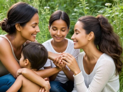 A woman and her children, all smiling, illustrating the benefits of mindfulness on family well-being.