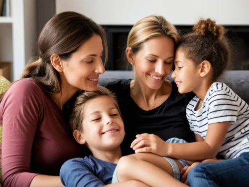 Two women with their children in a home, all smiling together in a moment of happiness.