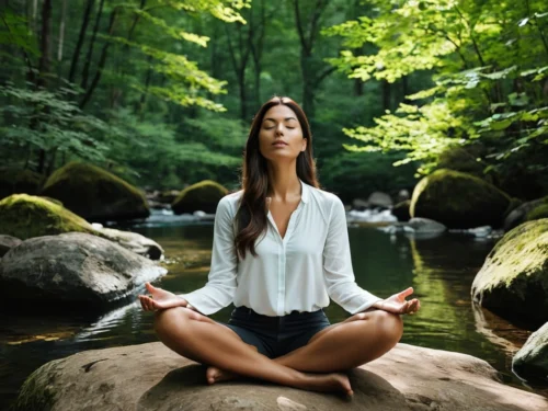 Woman meditating on a rock by a tranquil lake in the forest