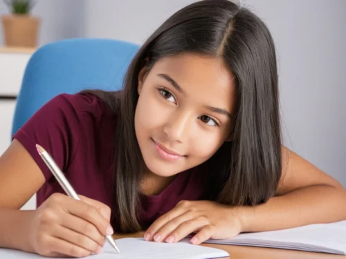 A peaceful student writing at her desk, demonstrating stress management