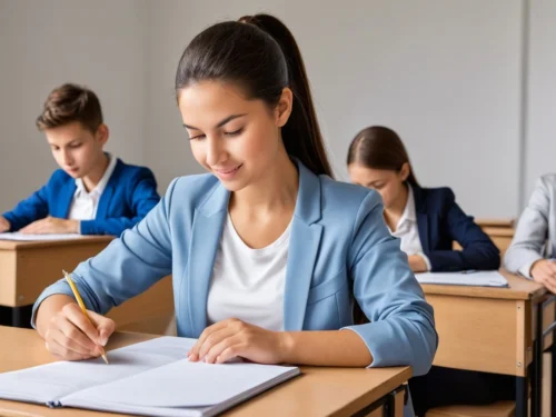 A classroom of students calmly taking an exam, demonstrating stress management