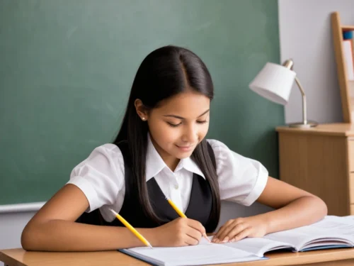 A peaceful student writing at her desk, demonstrating stress management
