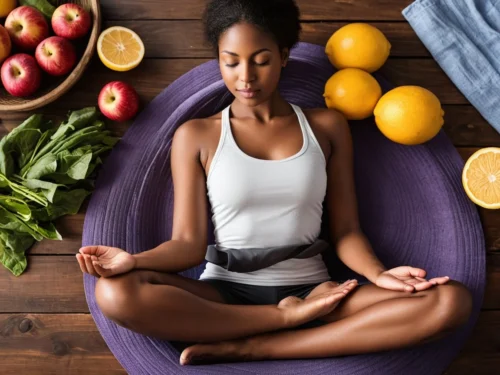 A woman meditating peacefully after a day of fasting, sitting cross-legged with calm expression in a serene indoor space