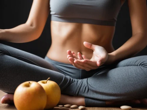 A woman meditating peacefully after a day of fasting, sitting cross-legged with calm expression in a serene indoor space