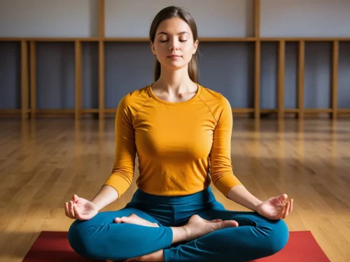 A student practicing mindfulness in a university gym, sitting on a yoga mat in a peaceful posture surrounded by gym equipment