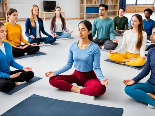 A group of students practicing mindfulness in a university gym, sitting on yoga mats in a calm and focused posture