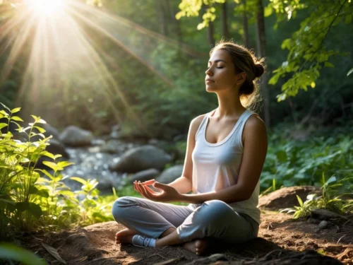 A woman meditating peacefully with a broken cigarette beside her, symbolizing her journey to quit smoking