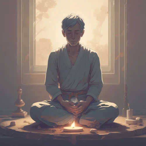 A man meditating in front of a small candle flame, symbolizing hope and the journey to quit smoking