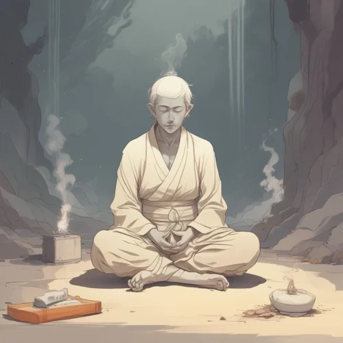A man meditating in front of a small candle flame, symbolizing hope and the journey to quit smoking