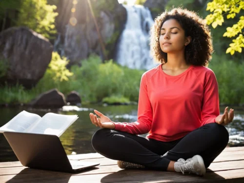 A young woman meditating outdoors in a serene natural setting, with her laptop in front of her.